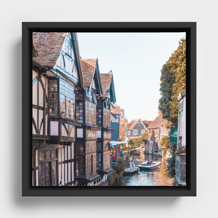 Great Britain Photography - River Going Between Medieval Buildings Framed Canvas