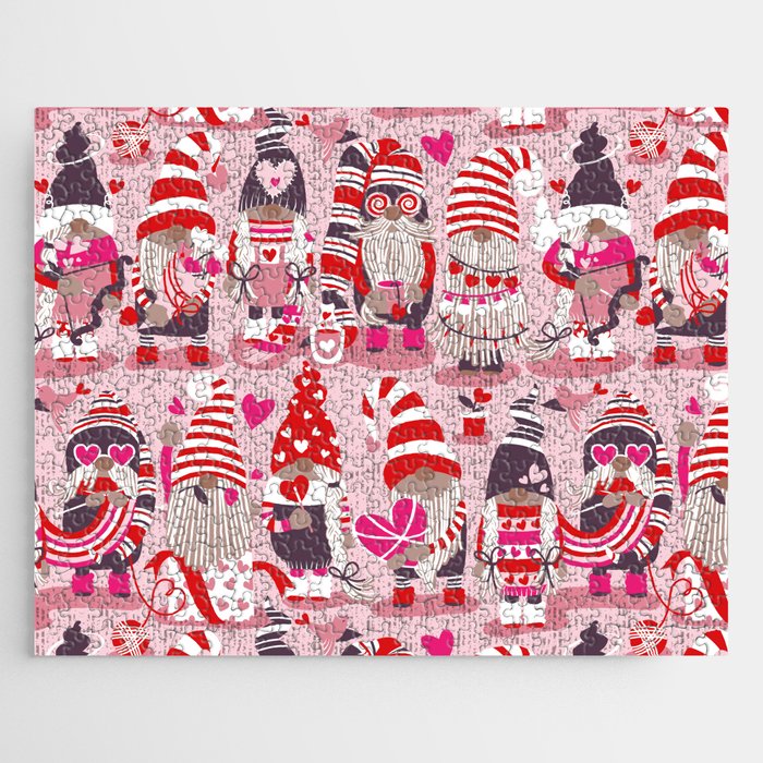 I gnome you more // pastel pink background red and pink Valentine's Day gnomes and motifs Jigsaw Puzzle