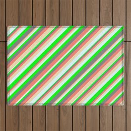 [ Thumbnail: Vibrant Gray, Salmon, Tan, Light Cyan & Lime Colored Striped Pattern Outdoor Rug ]