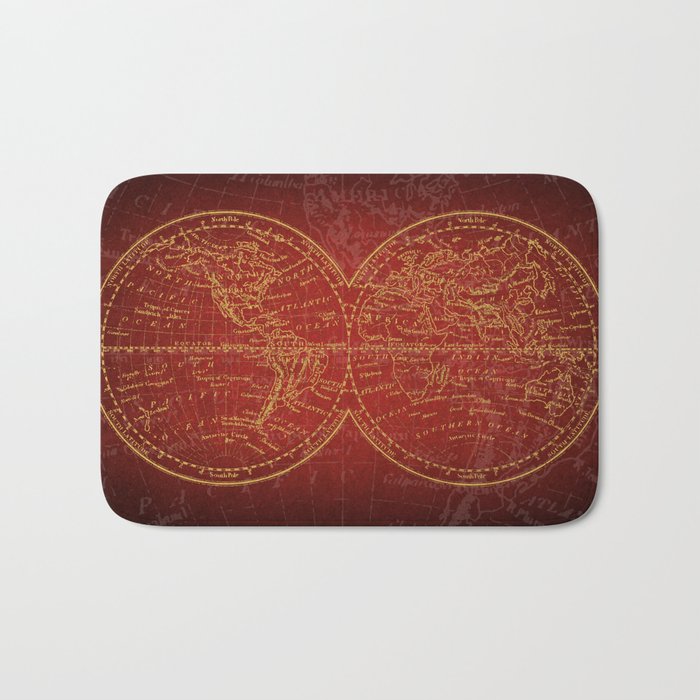 Antique Navigation World Map in Red and Gold Bath Mat