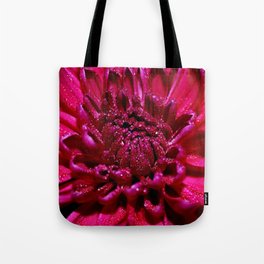 Blossom of red chrysanthemum with dew drops	 Tote Bag