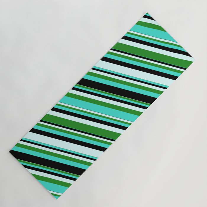 Turquoise, Black, Light Cyan, and Forest Green Colored Stripes Pattern Yoga Mat