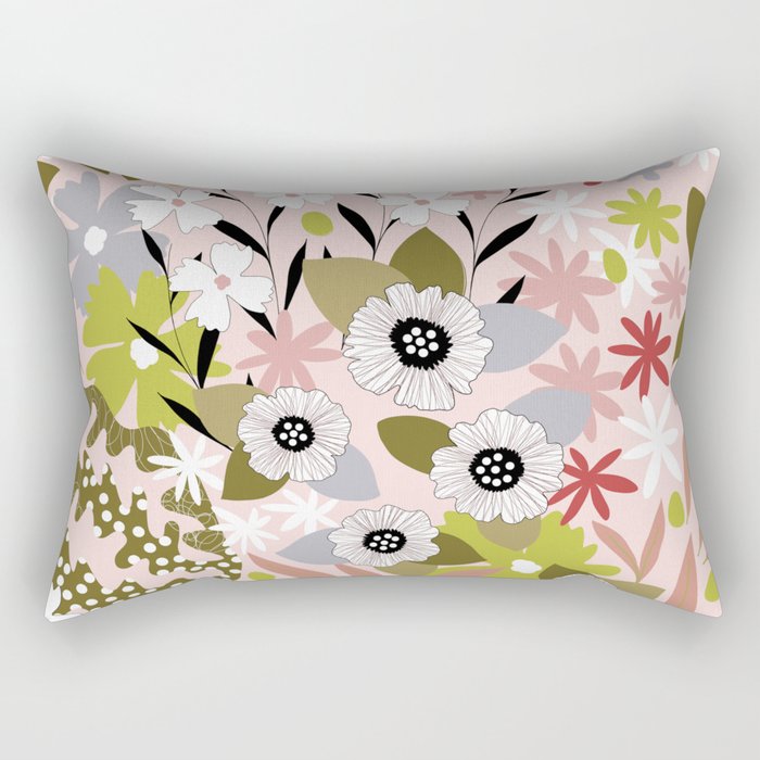 Maximalist Boho Floral Pattern 2. Olive & Blush Rectangular Pillow