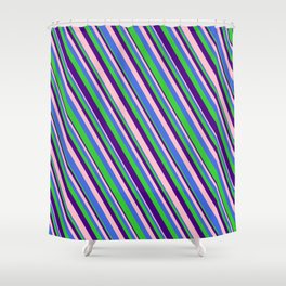 [ Thumbnail: Pink, Royal Blue, Lime Green, and Indigo Colored Lined/Striped Pattern Shower Curtain ]