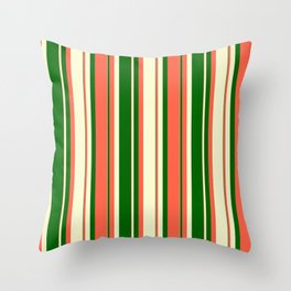 [ Thumbnail: Red, Light Yellow & Dark Green Colored Stripes Pattern Throw Pillow ]