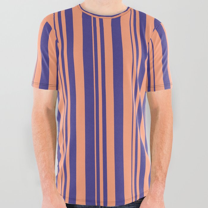 Light Salmon and Dark Slate Blue Colored Pattern of Stripes All Over Graphic Tee