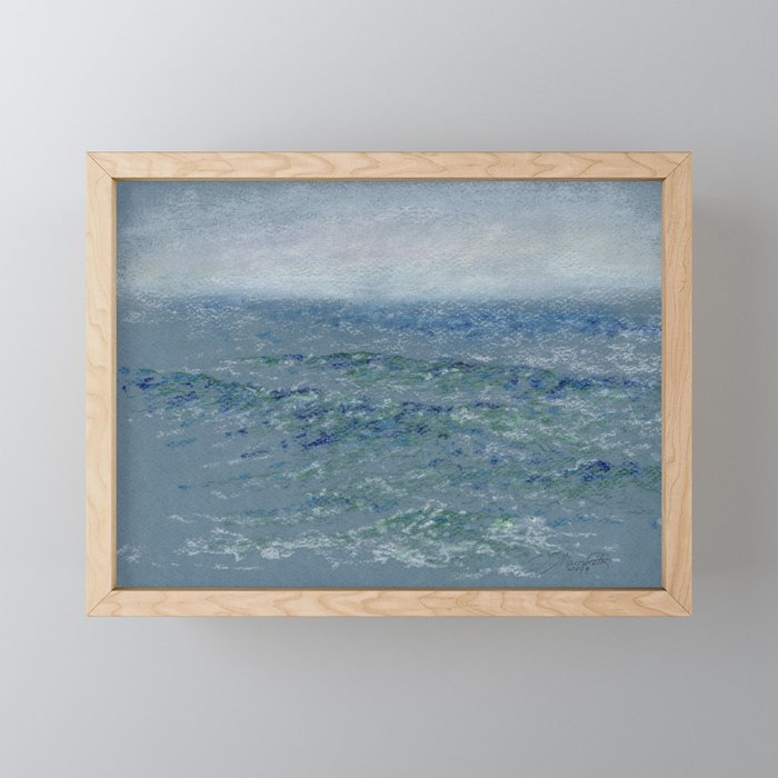 Blue Grey Water View Oil Pastel Drawing Framed Mini Art Print