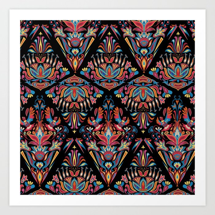 Boho chic colorful geometric floral tradition pattern Art Print