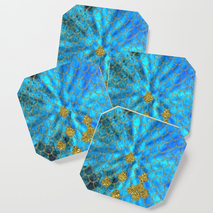 Blue Aqua Turquoise And Gold Glitter Mermaid Scales -Beautiful Mermaidscales Pattern Coaster