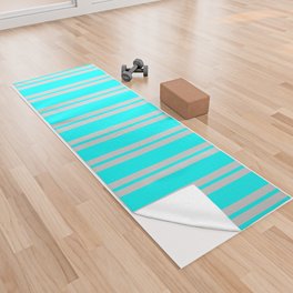 [ Thumbnail: Cyan & Light Gray Colored Pattern of Stripes Yoga Towel ]