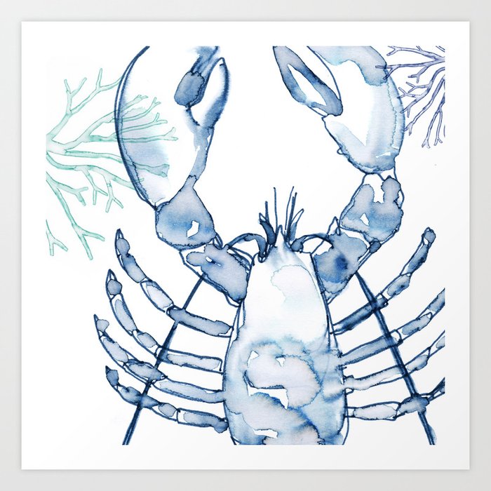 Coastal Lobster, Watercolor in Blues Art Print