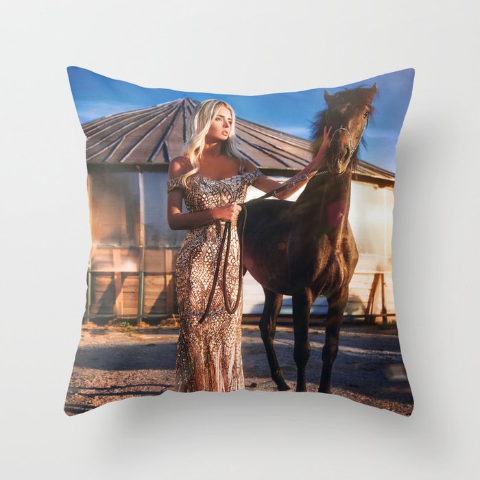 Lord of the manor; blond with horse magical realism female portrait color photograph / photography Throw Pillow