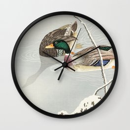 Mallard Ducks Diving - Japanese Vintage Woodblock Print Wall Clock