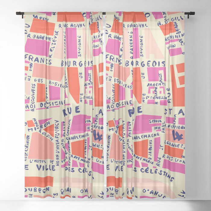 paris map pink Sheer Curtain