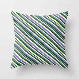 [ Thumbnail: Purple, Dark Green, and Light Yellow Colored Stripes Pattern Throw Pillow ]
