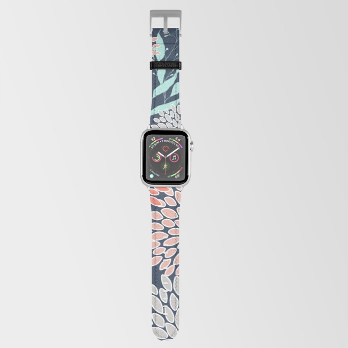 Leaves and Floral Prints, Navy Blue, Aqua, Gray and Coral Apple Watch Band