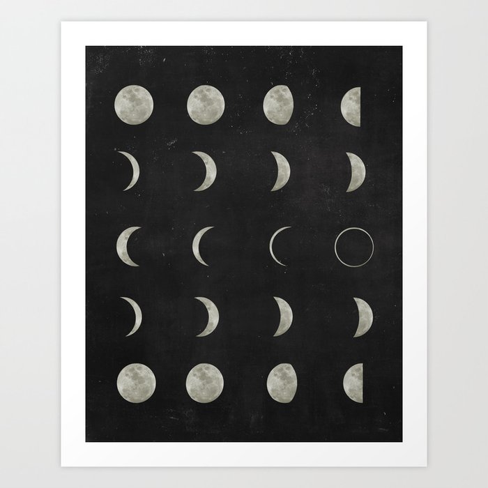 Moon Phases on Black Sky Art Print by peachandgold | Society6