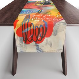 Abstract Graffiti Watercolor Composition and French Words Table Runner
