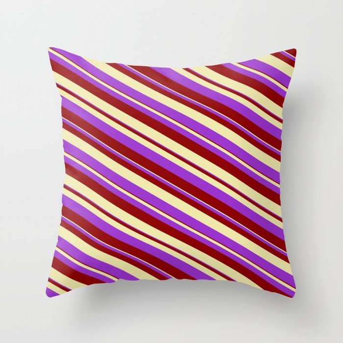 Dark Orchid, Dark Red, and Pale Goldenrod Colored Striped/Lined Pattern Throw Pillow