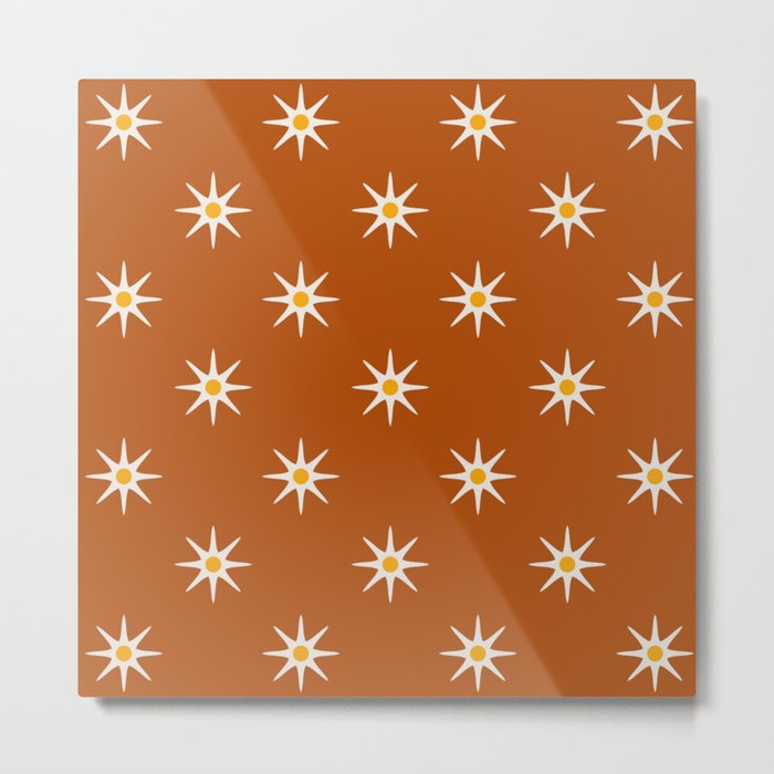 Atomic mid century retro star flower pattern in orange background Metal Print