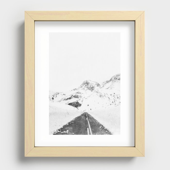 Mountains Snow Road Trip - Mountain Print - White Winter Wanderlust - Travel photography Recessed Framed Print