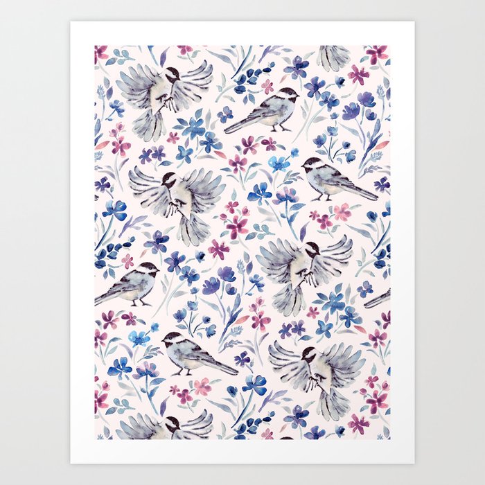 Chickadees and Wildflowers in lavender blues on cream Art Print