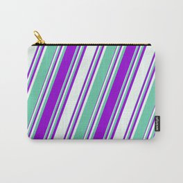 [ Thumbnail: Aquamarine, Dark Violet, and Mint Cream Colored Stripes/Lines Pattern Carry-All Pouch ]