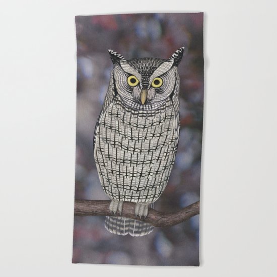 eastern screech owl on a branch Beach Towel