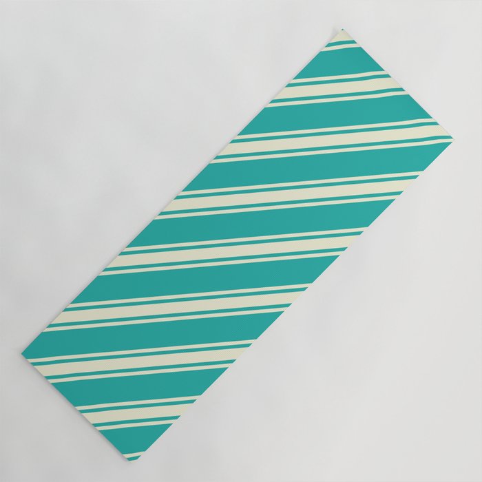 Light Sea Green & Beige Colored Lined/Striped Pattern Yoga Mat