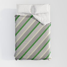[ Thumbnail: Forest Green, Light Gray, Beige, and Dark Gray Colored Lined/Striped Pattern Duvet Cover ]