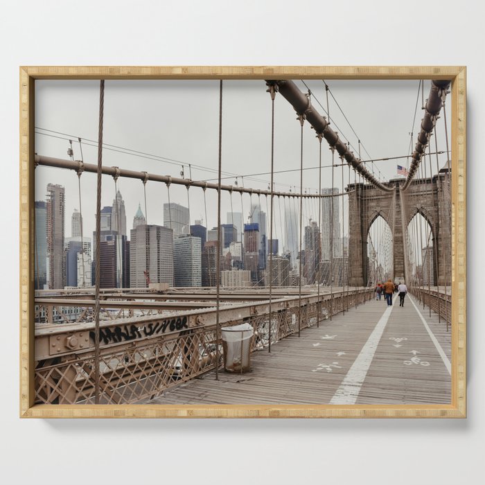 View on downtown from the Brooklyn Bridge in New York City, USA | Travel photography print | New York people walking | Tipical NY building architecture photo Art Print Art Print Serving Tray