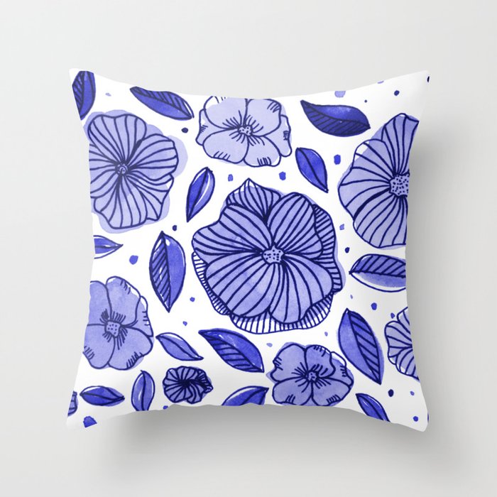 Watercolor and ink flowers - blue Throw Pillow