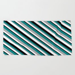 [ Thumbnail: Teal, Dark Grey, White, and Black Colored Lines/Stripes Pattern Beach Towel ]