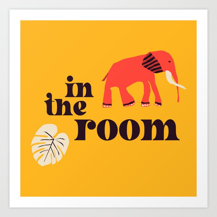 Elephant in the room: Retro font and art in bright red and yellow (with bonus monstera leaf) Art Print