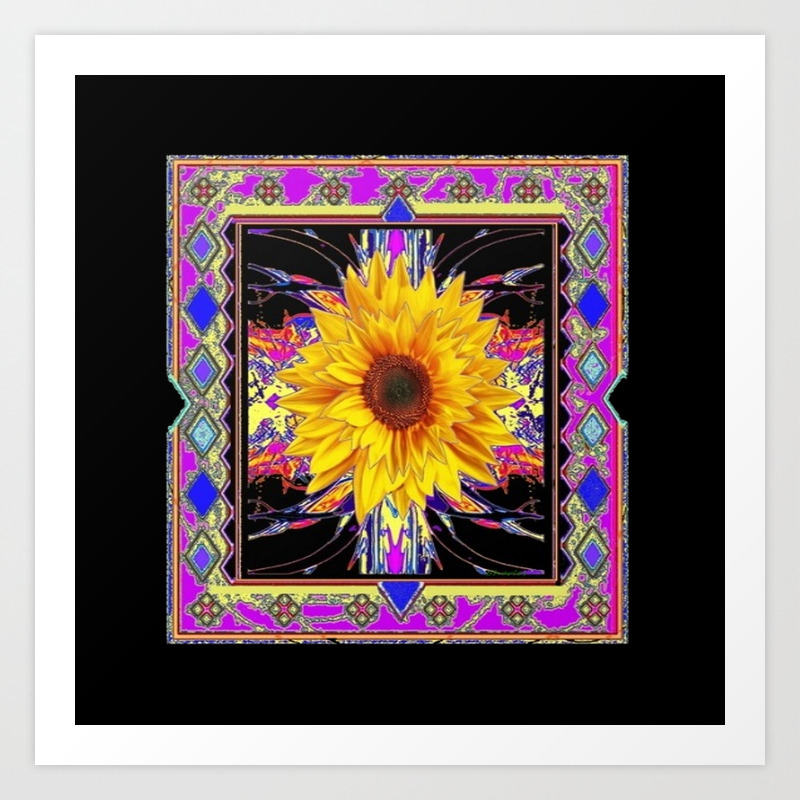 Southwestern Sunflower In Exotic Black Purple Abstract Art Print