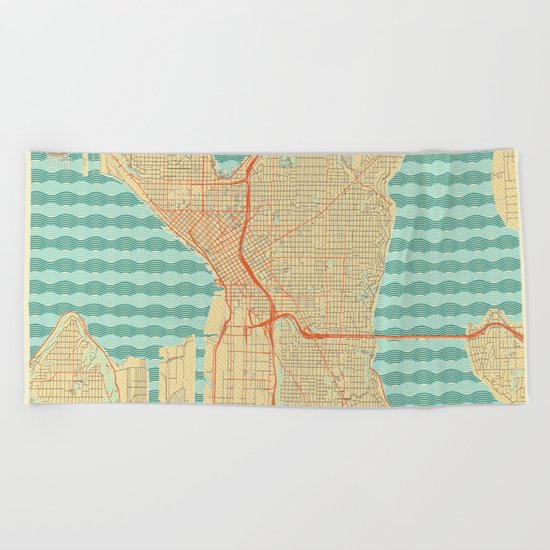 Seattle Map Retro Beach Towel