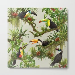 Toucans and Bromeliads (Canvas Background) Metal Print | Tucan, Lush, Digital, Jungle, Tropical, Vintage, Animal, Tucano, Nature, Illustration 