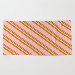 [ Thumbnail: Dark Goldenrod & Light Pink Colored Striped/Lined Pattern Beach Towel ]