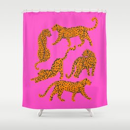 Abstract leopard with red lips illustration in fuchsia background  Shower Curtain
