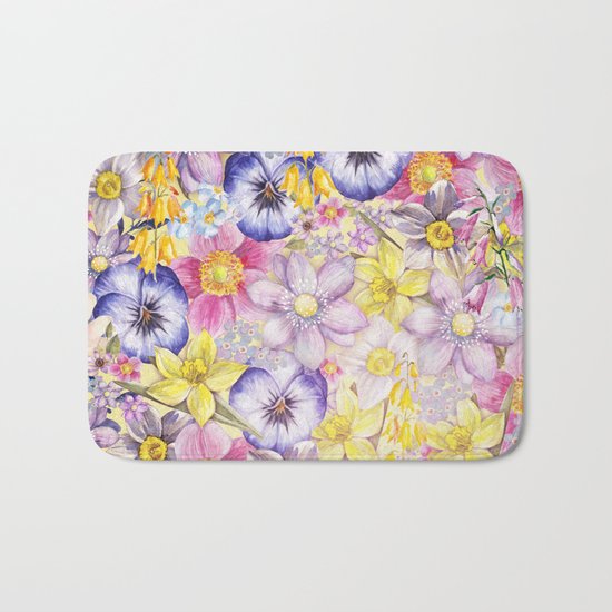 Painterly Vintage Spring Flowers Pattern - Springflower floral Bath Mat