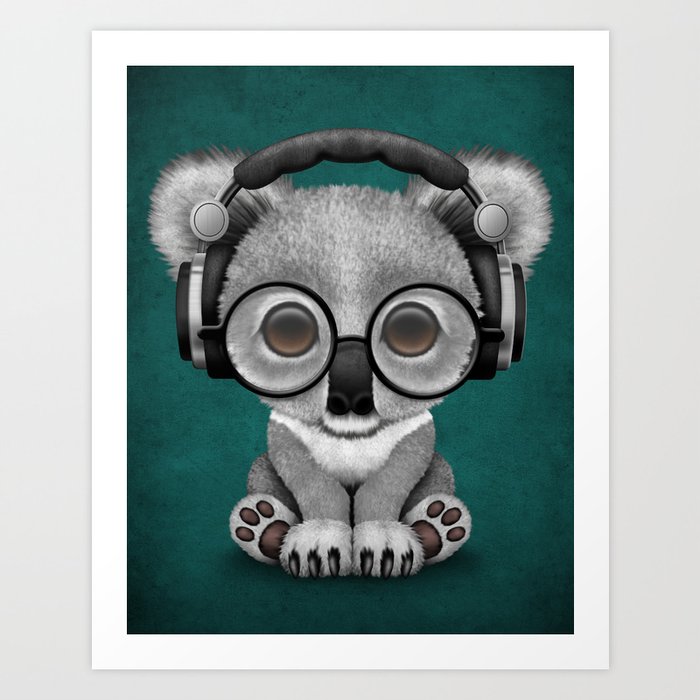 Cute Baby Koala Bear Dj Wearing Headphones On Blue Art Print By