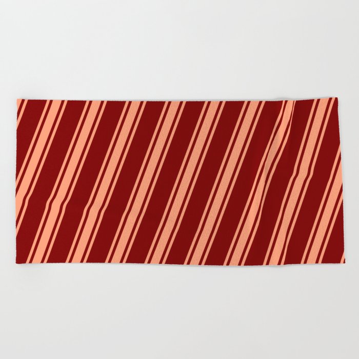 Maroon and Light Salmon Colored Stripes Pattern Beach Towel