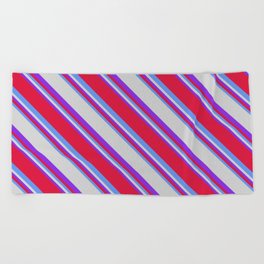 [ Thumbnail: Purple, Crimson, Cornflower Blue, and Light Grey Colored Lined/Striped Pattern Beach Towel ]