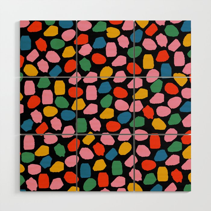 Ink Dot Colourful Mosaic Pattern in Rainbow Pop Colours on Black Wood Wall Art