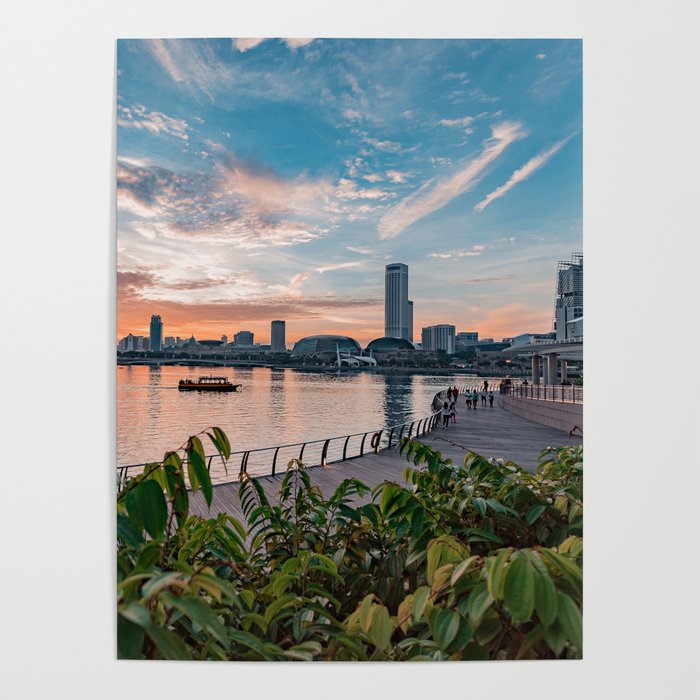 Strolling along Singapore skyscrapers near Esplanade and Marina Bay Sands Poster