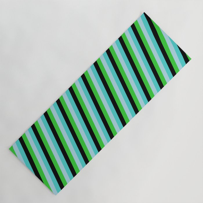 Turquoise, Black, Lime Green, and Light Blue Colored Lines/Stripes Pattern Yoga Mat