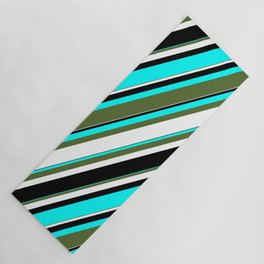[ Thumbnail: Cyan, Dark Olive Green, White, and Black Colored Lined/Striped Pattern Yoga Mat ]