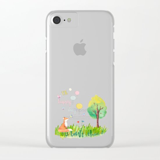 Fox- oh happy day on blue backround- Watercolor illustration Clear iPhone Case