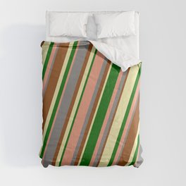 [ Thumbnail: Colorful Grey, Brown, Pale Goldenrod, Dark Green & Dark Salmon Colored Lined/Striped Pattern Comforter ]