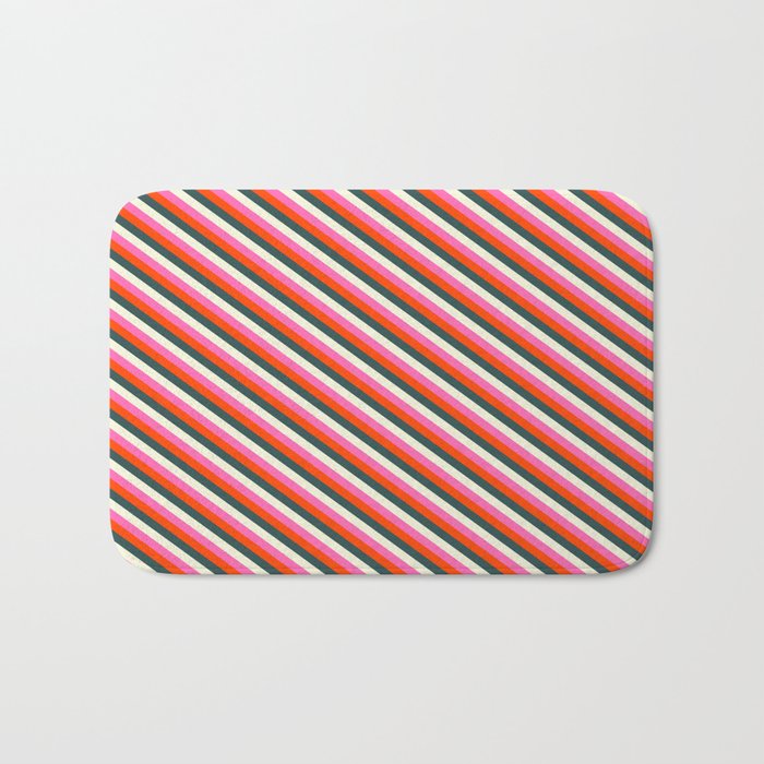 Hot Pink, Red, Dark Slate Gray & Beige Colored Lined/Striped Pattern Bath Mat